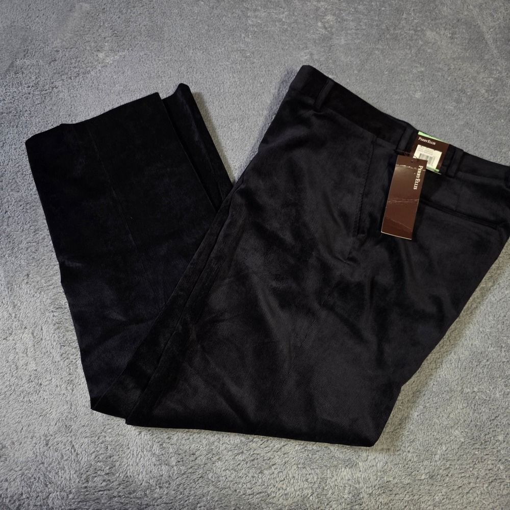 Perry Ellis Mens 34x32 Principles Corduroy Pants Black Stretch Fine Wale 46HB900